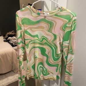 Women's Long Sleeve Swirl Print Top - Green/Pink